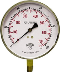 Winters - 4-1/2" Dial, 1/4 Thread, 0-100 Scale Range, Pressure Gauge - Lower Connection Mount, Accurate to 0.01% of Scale - Caliber Tooling