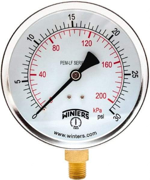 Winters - 4" Dial, 1/4 Thread, 0-30 Scale Range, Pressure Gauge - Lower Connection Mount, Accurate to 3-2-3% of Scale - Caliber Tooling