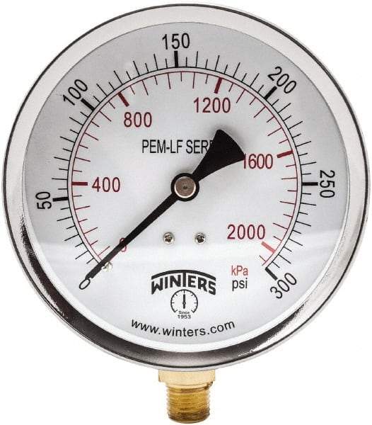 Winters - 4" Dial, 1/4 Thread, 0-300 Scale Range, Pressure Gauge - Lower Connection Mount, Accurate to 3-2-3% of Scale - Caliber Tooling