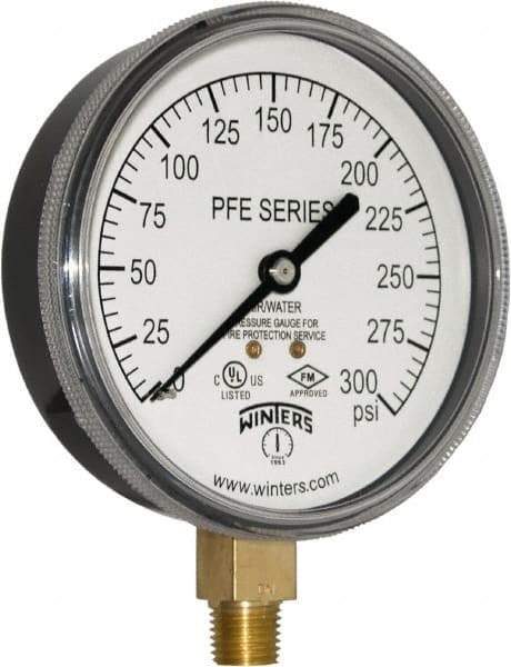 Winters - 3-1/2" Dial, 1/4 Thread, 0-300 Scale Range, Pressure Gauge - Lower Connection Mount, Accurate to 3-2-3% of Scale - Caliber Tooling