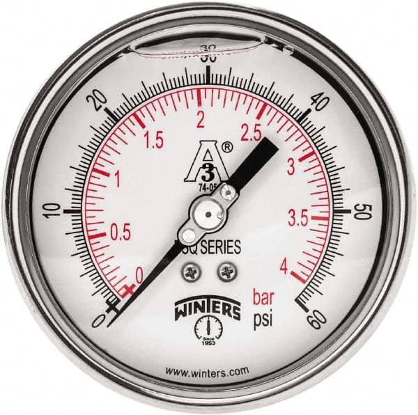 Winters - 4" Dial, 1-1/2 Thread, 0-60 Scale Range, Pressure Gauge - Center Back Connection Mount, Accurate to 0.01% of Scale - Caliber Tooling