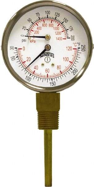 Winters - 3" Dial, 1/2 Thread, 0-200 Scale Range, Pressure Gauge - Lower Connection Mount, Accurate to 0.03% of Scale - Caliber Tooling