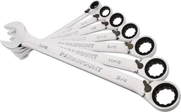 Paramount - 7 Piece, 3/8" to 3/4", 12 Point Reversible Ratcheting Combination Wrench Set - Inch Measurement Standard, Full Polish Chrome Finish, Comes in Blow Molded Case - Caliber Tooling