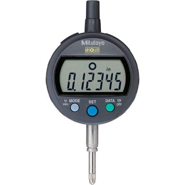 Mitutoyo - 0 to 1/2" Range, 0.00005" Graduation, Electronic Drop Inidicator - Flat Back, 0.00012" Accuracy, LCD Display, Inch & Metric - Caliber Tooling