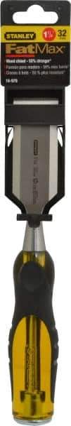 Stanley - 9" OAL x 1-1/4" Blade Width Wood Chisel - 1-1/4" Tip, Acetate & Rubber Grip Handle - Caliber Tooling