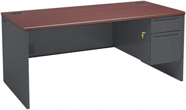 Hon - Steel-Reinforced High-Pressure Laminate/Metal Right Pedestal Desk - 66" Wide x 30" Deep x 29" High, Mahogany/Charcoal - Caliber Tooling