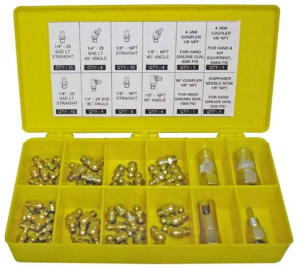 PRO-LUBE - 60 Piece, Inch, Box Plastic Steel Grease Fitting Set - Includes PTF, UNF Thread Types, Includes 1/4-28 SAE-LT: (25) Straight, (4) 45°, (4) 90°, 1/8-27 PTF: (15) Straight, (4) 45°, (4) 90° - Caliber Tooling