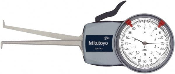 Mitutoyo - 0.4 to 1.2" Inside Dial Caliper Gage - 0.0005" Graduation, 0.0015" Accuracy, 3.3" Leg Length, 0.19" Deep x 0.06" Wide Groove, Ball Contact Points - Caliber Tooling