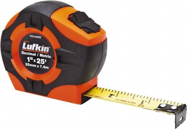 Lufkin - 26' x 1" Yellow Blade Tape Measure - 1/10 & 1/100' Graduation, A29 Graduation Style, High-Visibility Orange Case - Caliber Tooling