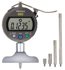 Mitutoyo - 0" to 8" Stainless Steel Electronic Depth Gage - 0.001" Accuracy, 0.01mm Resolution, 2-1/2" Base Length - Caliber Tooling