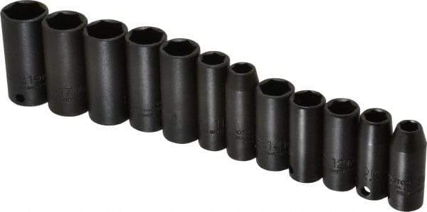 Proto - 12 Piece 3/8" Drive Black Finish Deep Well Impact Socket Set - 6 Points, 8mm to 19mm Range, Metric Measurement Standard - Caliber Tooling