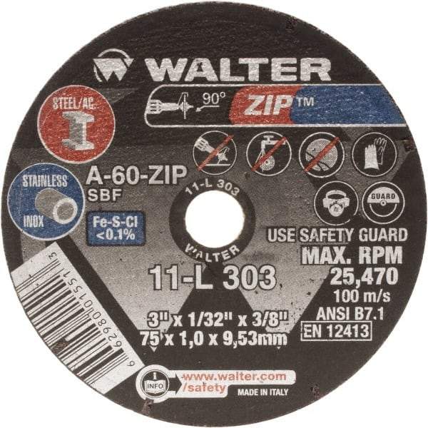 WALTER Surface Technologies - 3" Aluminum Oxide Cutoff Wheel - 1/32" Thick, 3/8" Arbor, 25,470 Max RPM, Use with Die Grinders - Caliber Tooling