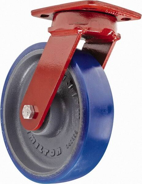 Hamilton - 8" Diam x 2" Wide x 9-1/2" OAH Top Plate Mount Swivel Caster with Brake - Polyurethane, 1,200 Lb Capacity, Sealed Precision Ball Bearing, 4 x 5" Plate - Caliber Tooling