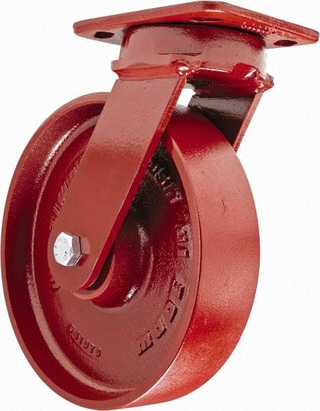 Hamilton - 8" Diam x 2" Wide x 9-1/2" OAH Top Plate Mount Swivel Caster with Brake - Steel, 1,500 Lb Capacity, Sealed Precision Ball Bearing, 4 x 5" Plate - Caliber Tooling