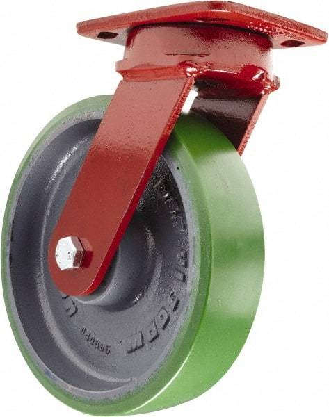 Hamilton - 8" Diam x 2" Wide x 9-1/2" OAH Top Plate Mount Swivel Caster - Polyurethane, 1,500 Lb Capacity, Sealed Precision Ball Bearing, 4 x 5" Plate - Caliber Tooling