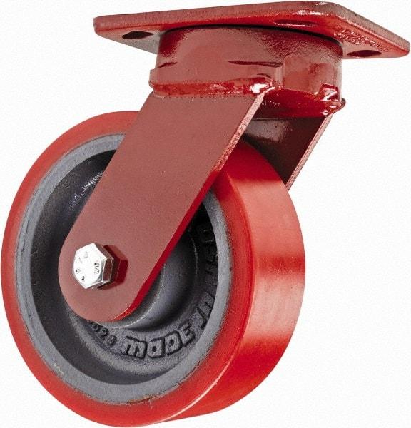 Hamilton - 6" Diam x 2" Wide x 7-1/2" OAH Top Plate Mount Swivel Caster with Brake - Polyurethane, 1,400 Lb Capacity, Sealed Precision Ball Bearing, 4 x 5" Plate - Caliber Tooling