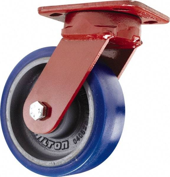 Hamilton - 6" Diam x 2" Wide x 7-1/2" OAH Top Plate Mount Swivel Caster with Brake - Polyurethane, 960 Lb Capacity, Sealed Precision Ball Bearing, 4 x 5" Plate - Caliber Tooling