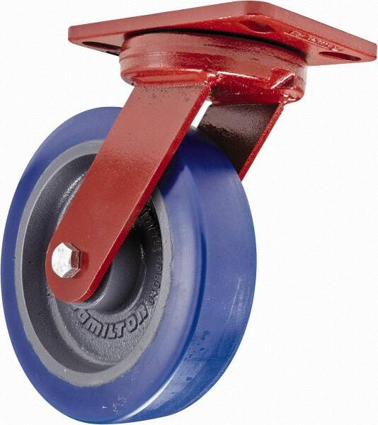 Hamilton - 8" Diam x 2" Wide x 9-3/4" OAH Top Plate Mount Swivel Caster - Polyurethane, 1,200 Lb Capacity, Sealed Precision Ball Bearing, 4-1/2 x 6-1/2" Plate - Caliber Tooling