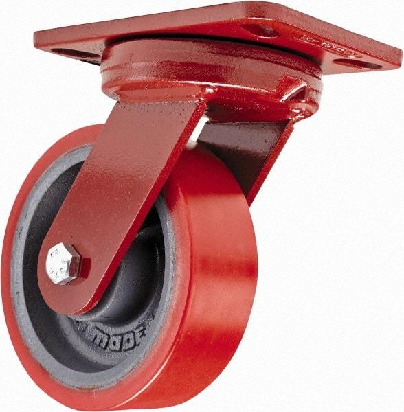 Hamilton - 6" Diam x 2" Wide x 7-3/4" OAH Top Plate Mount Swivel Caster with Brake - Polyurethane, 1,400 Lb Capacity, Sealed Precision Ball Bearing, 4-1/2 x 6-1/2" Plate - Caliber Tooling