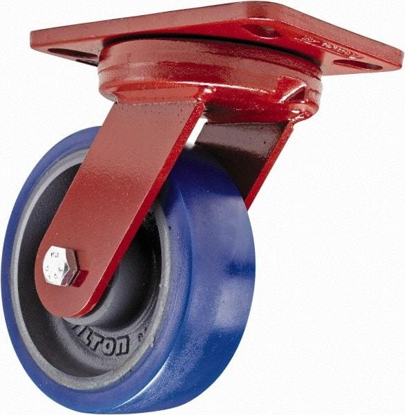 Hamilton - 6" Diam x 2" Wide x 7-3/4" OAH Top Plate Mount Swivel Caster with Brake - Polyurethane, 960 Lb Capacity, Sealed Precision Ball Bearing, 4-1/2 x 6-1/2" Plate - Caliber Tooling