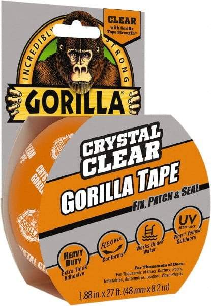 Gorilla Tape - 1-7/8" x 18 Yds Clear Duct Tape - 7 mil, Acrylic Adhesive, Ethylene Copolymer Backing, -4°F to 140°F - Caliber Tooling