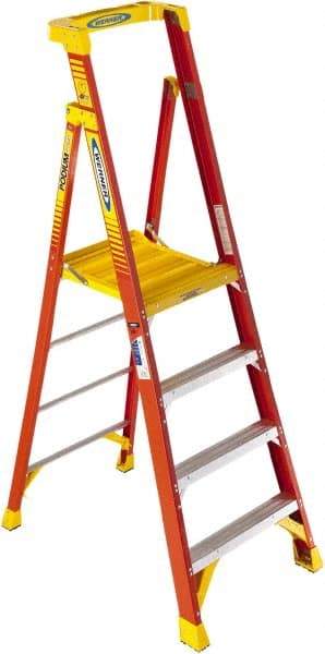 Werner - 4 Steps, 4' High, Type IA Rating, Fiberglass Step Ladder - 300 Lb Capacity - Caliber Tooling