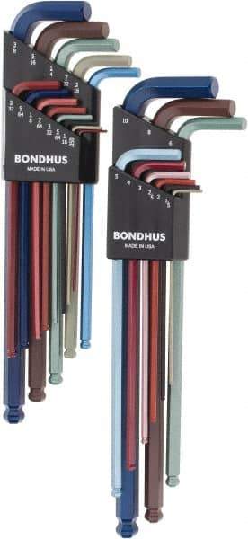 Bondhus - 22 Piece L-Key Ball End Hex Key Set - Hex Range 0.05 to 3/8", 8.4" OAL - Caliber Tooling