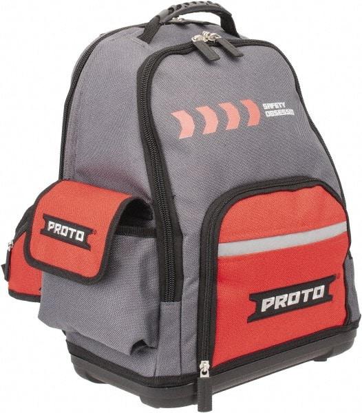 Proto - 22 Pocket Gray & Red Polyester Backpack Tool Bag - 14" Wide x 10" Deep x 18" High - Caliber Tooling