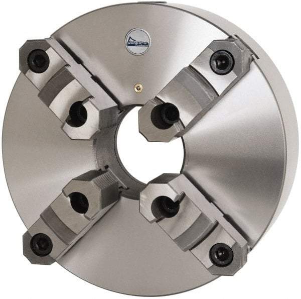 Gibraltar - 4 Jaws, 12" Diam, Self Centering Manual Lathe Chuck - Plain Back Mount Spindle, Reversible, 3-15/16" Through Hole Diam, 0.0024" Axial Runout, 0.0024" Radial Runout, Cast Iron - Caliber Tooling