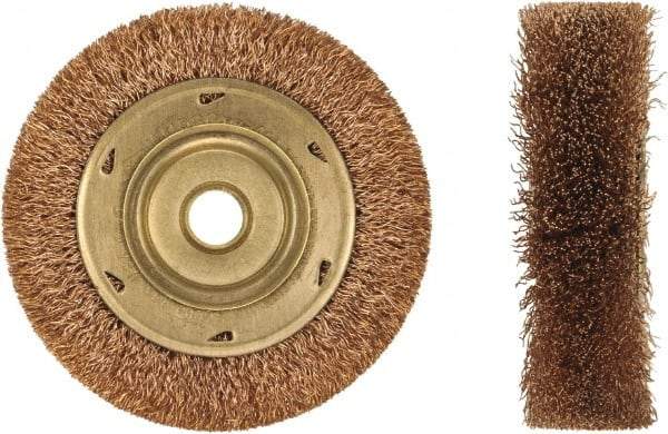 Ampco - 3" OD, 1/2" Arbor Hole, Crimped Phosphorus Bronze Alloy Wheel Brush - 3/8" Face Width, 1-1/16" Trim Length, 0.014" Filament Diam, 20,000 RPM - Caliber Tooling