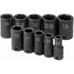 SK - 3/8" Drive Semi-Deep Impact Socket Set - 5/16 to 7/8", Inch Measurement Standard - Caliber Tooling