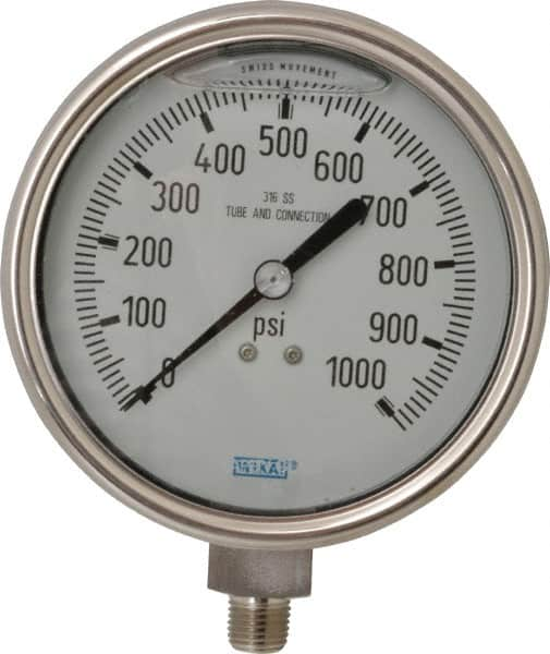 Wika - 4" Dial, 1/4 Thread, 0-1,000 Scale Range, Pressure Gauge - Lower Connection Mount, Accurate to 1% of Scale - Caliber Tooling