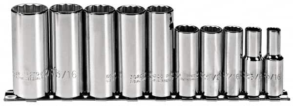 Proto - 10 Piece 3/8" Drive Deep Well Socket Set - 12 Points, 5/16" to 7/8" Range, Inch Measurement Standard - Caliber Tooling