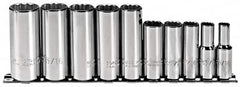 Proto - 10 Piece 3/8" Drive Deep Well Socket Set - 12 Points, 5/16" to 7/8" Range, Inch Measurement Standard - Caliber Tooling