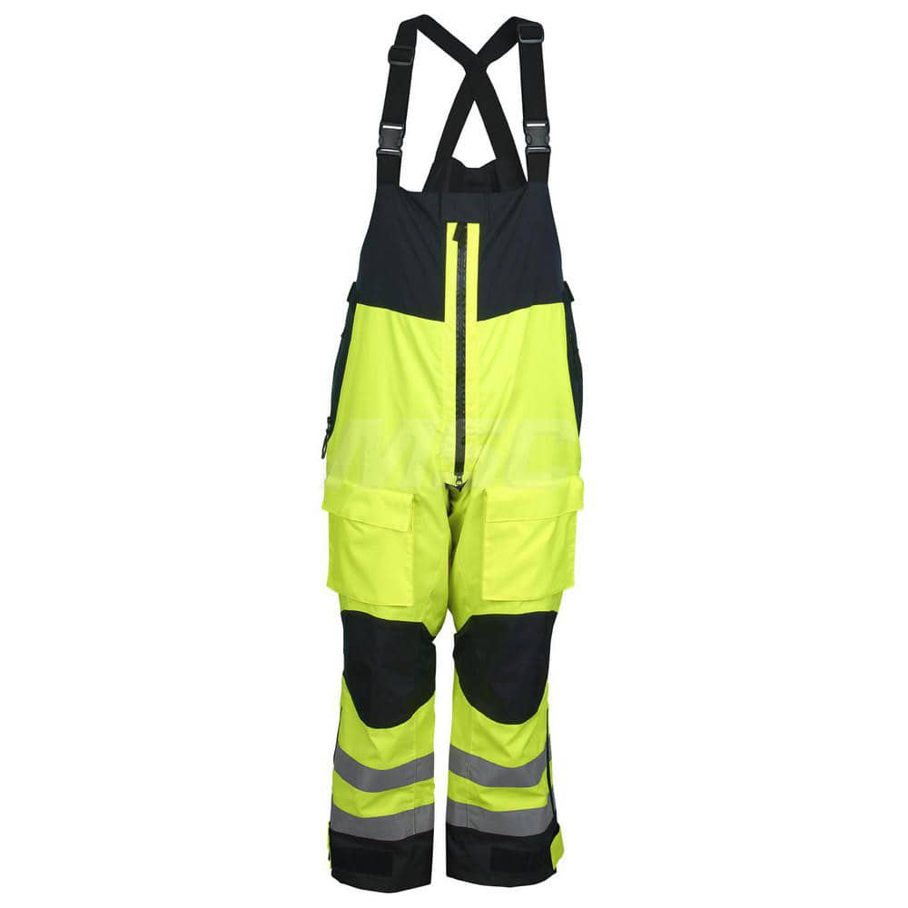 Rain Bib Overalls: Size X-Large, Polyester Yellow, 5 Pocket, Zipper Closure