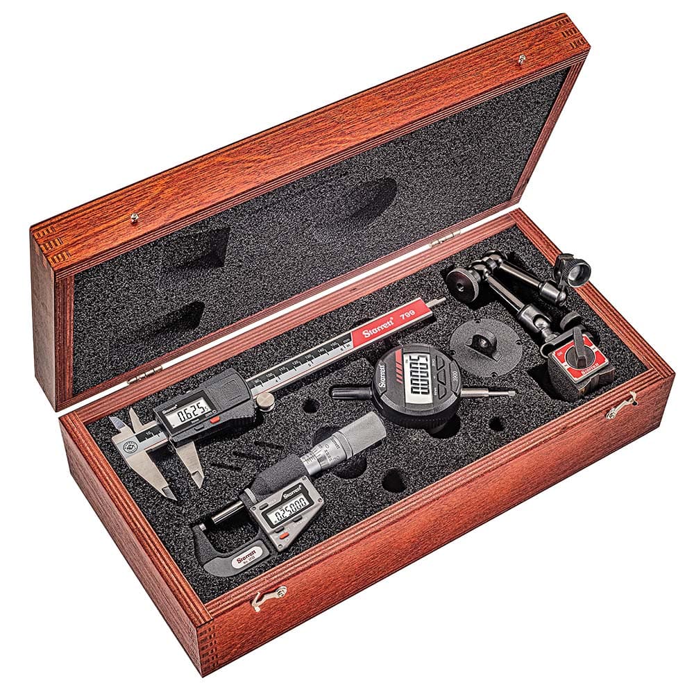 Starrett - Machinist Caliper & Micrometer Tool Kits; Tool Type Included: Caliper & Micrometer; Magnetic Base; Indicator ; Minimum Caliper Measurement (mm): 0.00 ; Minimum Caliper Measurement (Inch): 0 ; Maximum Caliper Measurement (mm): 150.00 ; Maximum - Exact Industrial Supply