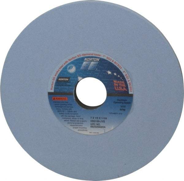 Norton - 7" Diam x 1-1/4" Hole x 1/2" Thick, J Hardness, 100 Grit Surface Grinding Wheel - Ceramic, Type 1, Fine Grade, 3,600 Max RPM, Vitrified Bond, No Recess - Caliber Tooling