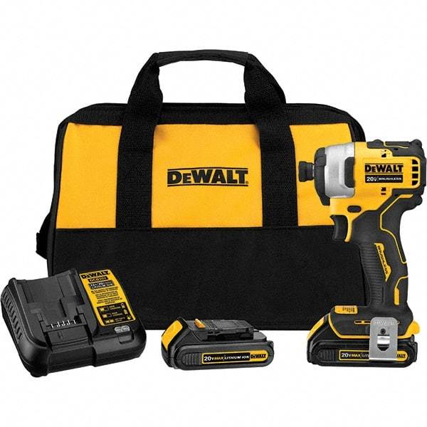 DeWALT - 20 Volt, 1/4" Drive, 116 Ft/Lb Torque, Cordless Impact Driver - Mid-Handle, 3000 RPM, 2 Lithium-Ion Batteries Included - Caliber Tooling