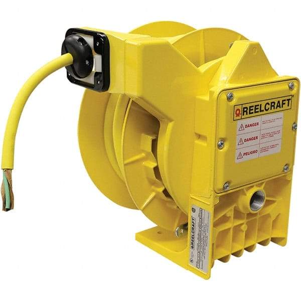 Reelcraft - 14 AWG, 45' Cable Length, Cord & Cable Reel with Flying Lead End - 0 Outlets, NEMA 4, 11 Amps, 600 Volts, SOW Cable, Yellow Reel - Caliber Tooling