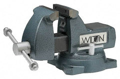 Wilton - 5" Jaw Width x 5-1/4" Jaw Opening Capacity, 3-3/4" Throat Depth, Bench & Pipe Combination Vise - 1/4 to 2-1/2" Pipe Capacity, Swivel Base, Bolt Down Attachment, Ductile Iron - Caliber Tooling