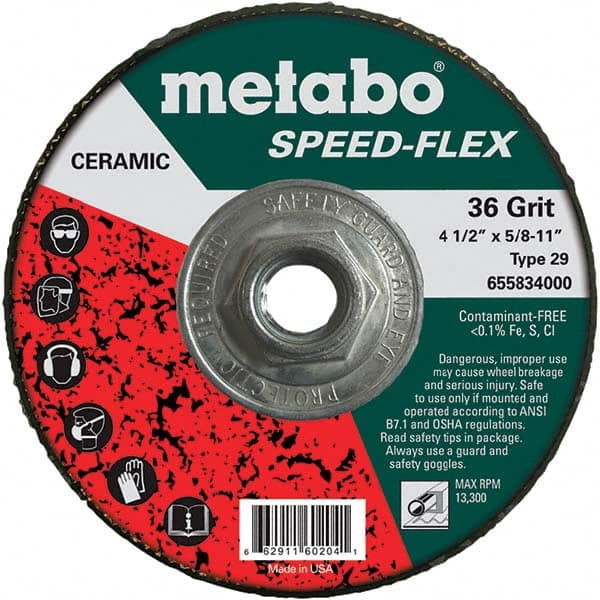 Metabo - 4-1/2" Diam, 5/8-11 Hole, 36 Grit Ceramic Alumina Fiber Disc - Caliber Tooling