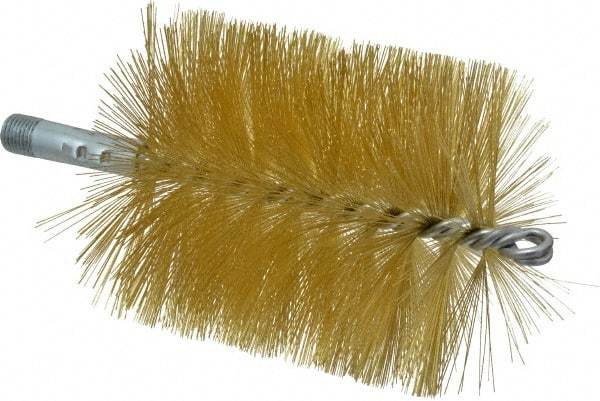 Schaefer Brush - 4-1/2" Brush Length, 4" Diam, Double Stem, Single Spiral Tube Brush - 8" Long, Brass, 1/4" NPSM Male Connection - Caliber Tooling