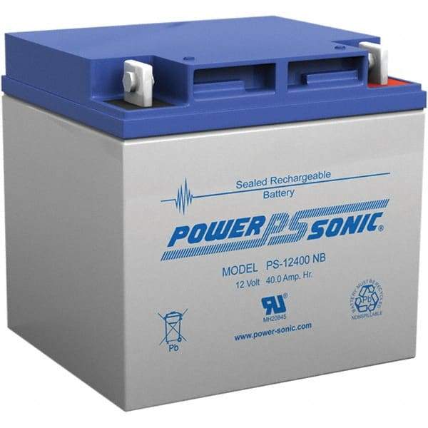 Power-Sonic - Lead-Acid, Nut/Bolt Terminal, 12 Volt, 40 Amp, Lead Rechargeable Battery - 7.5mm Hole Diam, 6mm Tab Thickness, 6-1/2" Wide x 6.69" High x 7.76" Deep - Caliber Tooling