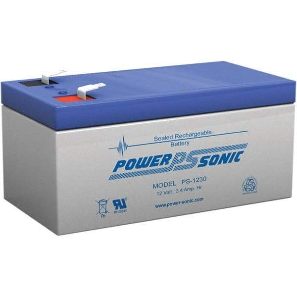 Power-Sonic - Lead-Acid, Quick-Disconnect Tab Terminal, 12 Volt, 3.4 Amp, Lead Rechargeable Battery - 3/16" Tab Width x 0.8mm Tab Thickness, 2.64" Wide x 2.36" High x 5.24" Deep - Caliber Tooling