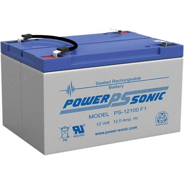 Power-Sonic - Lead-Acid, Quick-Disconnect Tab Terminal, 12 Volt, 12 Amp, Lead Rechargeable Battery - 1/4" Tab Width x 0.8mm Tab Thickness, 4" Wide x 3.7" High x 5.95" Deep - Caliber Tooling