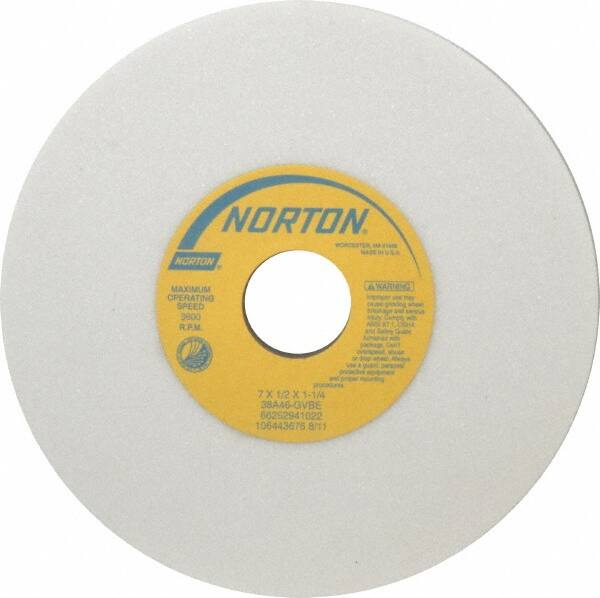 Norton - 7" Diam x 1-1/4" Hole x 1/2" Thick, G Hardness, 46 Grit Surface Grinding Wheel - Aluminum Oxide, Type 1, Coarse Grade, 3,600 Max RPM, Vitrified Bond, No Recess - Caliber Tooling