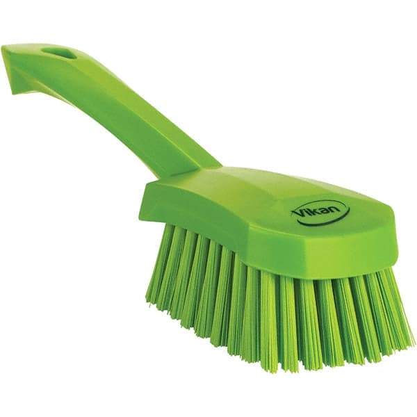 Vikan - 1.3" Bristle Length, Polyester Scrub Brush - 4-1/4" Long x 2-3/4" Wide Head, 10" OAL, Ergonomic Handle, Green, Polypropylene Block - Caliber Tooling