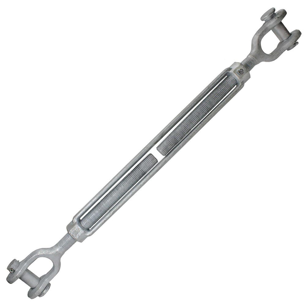 Turnbuckles; Turnbuckle Type: Jaw & Jaw; Working Load Limit: 37000 lb; Thread Size: 2-24 in; Turn-up: 24 in; Closed Length: 52.72 in; Material: Steel; Finish: Galvanized