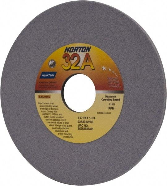 Norton - 6" Diam x 1-1/4" Hole x 1/8" Thick, K Hardness, 80 Grit Surface Grinding Wheel - Aluminum Oxide, Type 1, Medium Grade, 4,140 Max RPM, Vitrified Bond, No Recess - Caliber Tooling