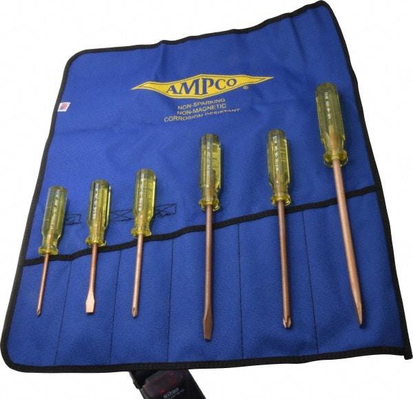 Ampco - 6 Piece Phillips & Slotted Screwdriver Set - Blade Sizes: Width 9/32, 5/16 & 25/64, Bit Sizes: Philips #1 to #3 - Caliber Tooling